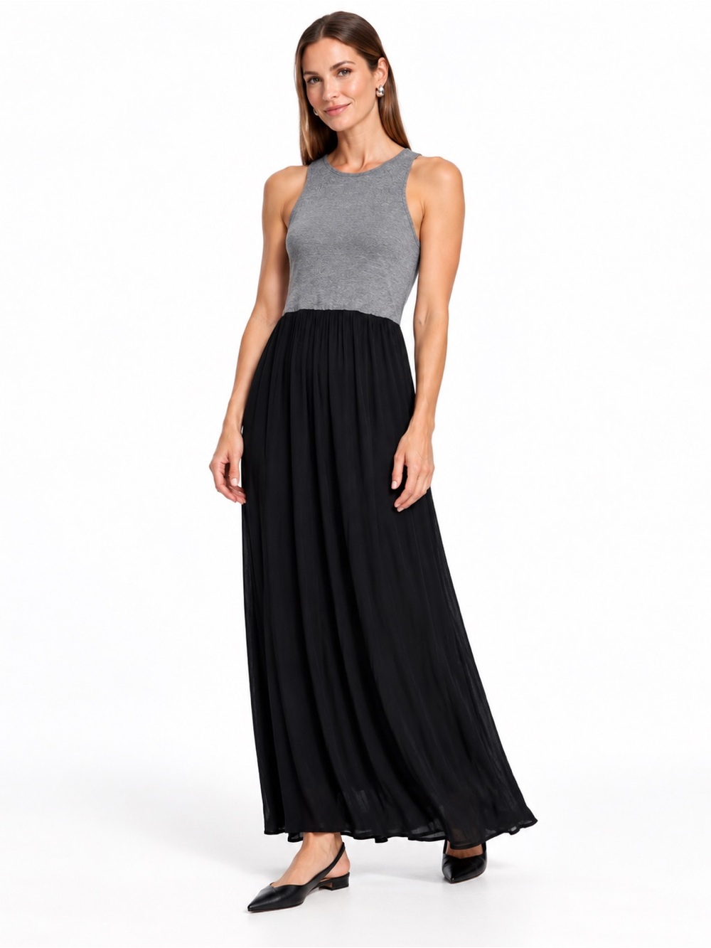 LOFT Outlet Gray Black Colorblock Pleated Sleeveless Maxi Dress L